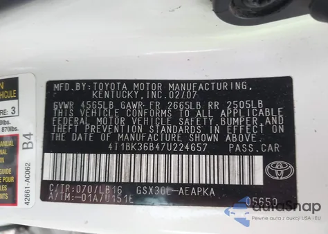 2007 Toyota Avalon Limited z USA, uszkodzony, nr VIN 4T1BK36B47U224657